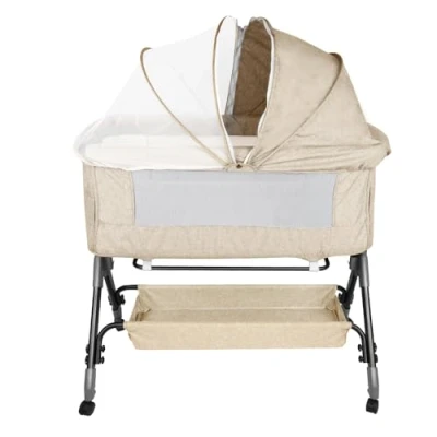 Afbeelding van wieg, in Hoogte verstelbare wieg voor pasgeborenen, opvouwbaar reisbed met wasbare matras en reistas Kinderbedje 4 Levels 104 * 52 100 110 cm gebroken wit
