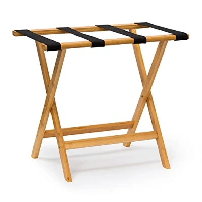 Afbeelding van Relaxdays Kofferstandaard van bamboe (h x b d): 50 60 37,5 cm, met 4 stevige riemen als kofferhouder of bagageplank voor hotels pensions, kofferkruk, zakenreizen, naturel
