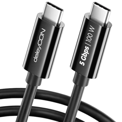 Afbeelding van deleyCON USB C kabel (100 W snellaadkabel + datakabel 5 Gbit/s) korte oplaadkabel voor iPhone 15 Pro Max, Samsung Galaxy S24, S23, Pixel, iPad Pro, MacBook Air tablets, Switch PS5, zwart