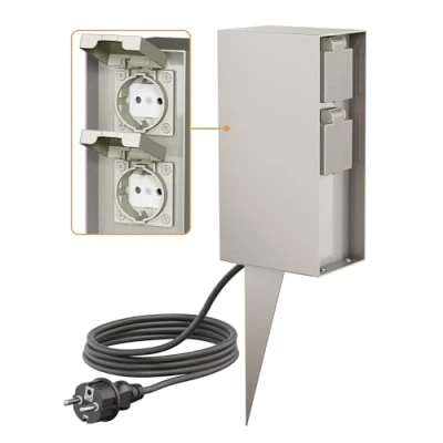 Afbeelding van ledscom.de Tuincontactdooszuil POMI met grondspies en 2m kabel voor buiten, IP44, 4 voudig, roestvrij staal, hoekig, 23cm