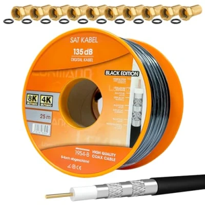 Afbeelding van HB Digital Set: 25m Coaxiale SAT Kabel 135db Zwart + 10x F Plug verguld CCS (Staal Koper) Satelliet Antennekabel 5 voudig afgeschermd voor DVB S/S2 C/C2 T/T2 DAB+ Radio BK Systemen