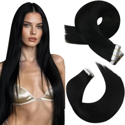 Afbeelding van Moresoo Tape Haarextensies Zwart in Menselijk Haar Extensies 45 cm Diepzwart 20 Stuks/50g #1