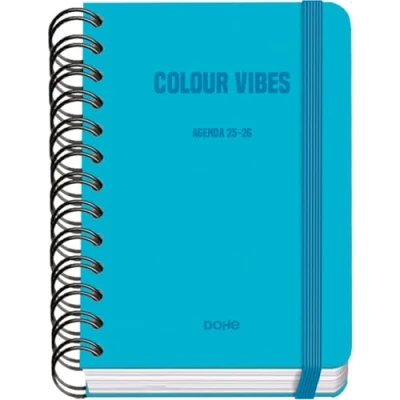 Afbeelding van Dohe Schoolagenda 2025 2026 Dag per Pagina, Formaat A6 (12x17 cm), Spaans en Engels, Dubbele Spiraalbinding Elastieksluiting, Harde Kaft, 4 Stickervellen COLOUR VIBES Cyaan