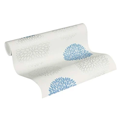 Afbeelding van GRAFISCHE DISTELBOL BEHANG Modern blauw wit grijs A.S. Création Blooming