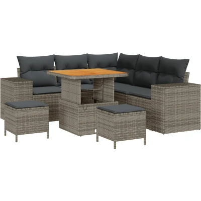 Afbeelding van vidaXL 8 delige Tuin Sofa Set met Kussens Grijs Poly Rattan Acacia, 3 Eetset Acacia