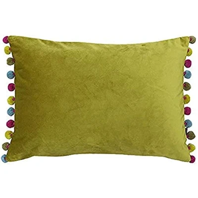Afbeelding van Riva Paoletti Fiesta rechthoekig kussen met veren gevuld groen veelkleurige pompom randen faux fluwelen stof discrete ritssluiting 100 hoes (14&quot; x 20&quot; inch), polyester, bamboe/multi, 35 50 cm