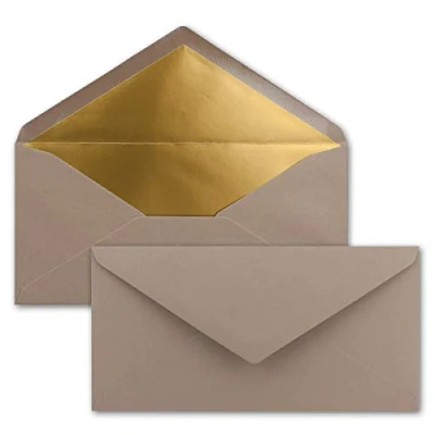 Afbeelding van 25 enveloppen DIN lang cappuccino met goud metallic voering 110 x 220 mm nat lijmen feestelijke voor uitnodigingen