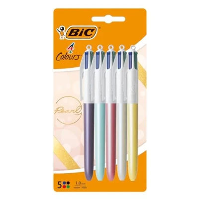 Afbeelding van BIC 4 Kleuren Pen met Pareldesign 5 Balpennen Medium punt (1.0 mm) Pastel parel designs Pak van stuks