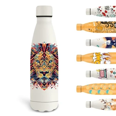 Afbeelding van Grsta Thermosfles, 500 ml, gepersonaliseerde drinkfles met leeuw, metalen fles, lekvrij, BPA vrij, gemakkelijk mee te nemen, voor school, kantoor, camping, wit