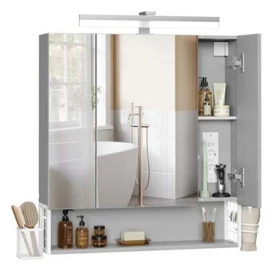 Afbeelding van VASAGLE Badkamerkast met 3 deuren, spiegelkast, wandkast, stopcontacten, hangmand, haardrogerhouder, veel opbergruimte, voor badkamer, wastafel, wolkenwit duifgrijs BBK126G01