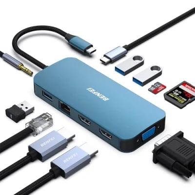 Afbeelding van BENFEI 11 in 1 USB C Hub Triple Display Docking Station Dual HDMI, VGA, 3 * 3.0, Gbps Ethernet, 100W Power Delivery, SD/TF kaartlezer, 3,5 mm AUX Audio compatibel met MacBook XPS Surface