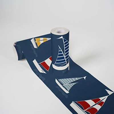 Afbeelding van ZEILBOOTJES BEHANGRAND Zelfklevend blauw rood geel A.S. Création Lovely Kids