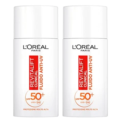 Afbeelding van L&#039;Oréal Paris Revitalift Clinical anti UV gezichtsvloeistof SPF 50+ Zonbescherming met Netlock technologie Formule vitamine C Antioxidant en aging werking Ultralichte 2 Flessen van 50 ml