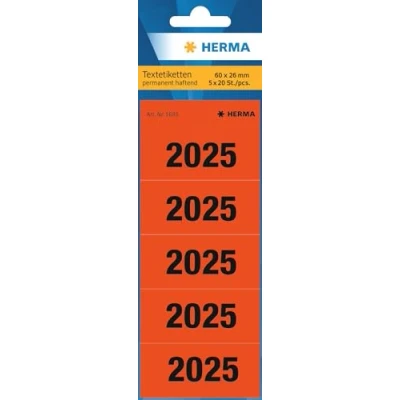 Afbeelding van HERMA 1685 Jaarcijferstickers 2025 voor ordners, 100 stuks, 60 x 26 mm, 5 per vel, zelfklevend, ondoorzichtige tekstetiketten, mat, papieren zelfklevende etiketten, stickers, rood