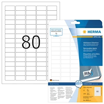 Afbeelding van HERMA 10003 Zelfklevende verwijderbare multifunctionele etiketten, 80 etiketten per A4 blad, 2000 voor printers, klein, 35,6 x 16,9 mm,Kleur: wit