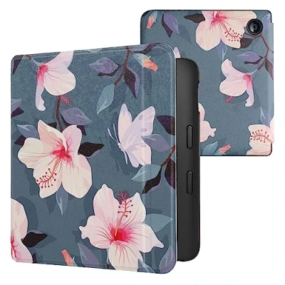 Afbeelding van kwmobile E reader hoesje geschikt voor Kobo Libra 2 hoes flip case met magnetische sluiting Ereader cover Fuchsia bloemen design in wit / poederroze paars