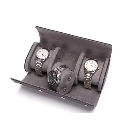 Afbeelding van Luxe Horloge Rol 3 Stuks Horlogedoos Etui Leer Watch Roll Houder Sieradendoos Opbergdoos Heren Grijs
