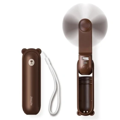 Afbeelding van JISULIFE Draagbare mini ventilator, 3 in 1 handventilator, oplaadbare zakventilator, batterijventilator [12 19 werktijd] met powerbank, zaklamp functie bruin