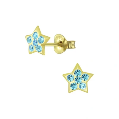 Afbeelding van JoyS Zilveren ster oorbellen 6 mm kristal blauw 14k goudplating