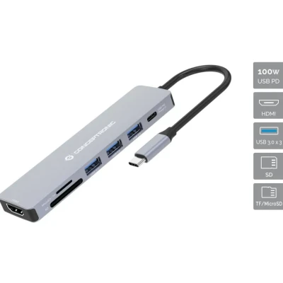 Afbeelding van Conceptronic DONN19G 7 in 1 USB 3.2 Gen dockingstation, HDMI, A 3.0 x 3, SD, TF/MicroSD, 100 W PD