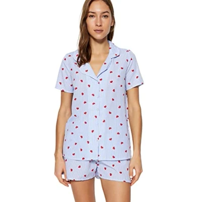 Afbeelding van Trendyol Blauwe Gestreepte Viscose Shorts Geweven Pyjamaset Met Hart Thmss22Pt0091