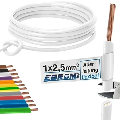 Afbeelding van Aderleiding, flexibele pvc kabel, H07V K, 2,5 mm2, kleur: wit, 10 m/15 m/20 m/25 m/30 m/35 m/40 m/45 m/50 m/55 m/60 m tot 100 m, vrij te kiezen 15 wit
