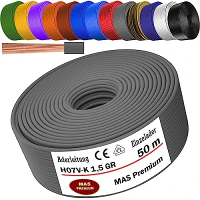 Afbeelding van MAS Premium Van 5 tot 100 m aderkabel H07 V K 1 x 1,5 mm² SW, HBL, GNGE, GN, RT, DBL, BR, OR, GR, WS, VIO, U MAR.BL of GE enkele kabel flexibel (grijs, 50 m)