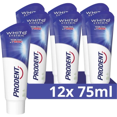 Afbeelding van Prodent Tandpasta White System met een natuurlijk witmakend ingrediënt dat het tandglazuur reinigt 12 x 75 ml