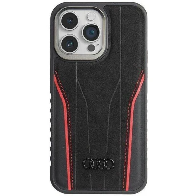 Afbeelding van Bescherming Audi Genuine Leather MagSafe iPhone 15 Pro Max 6.7&quot; black red hardcase