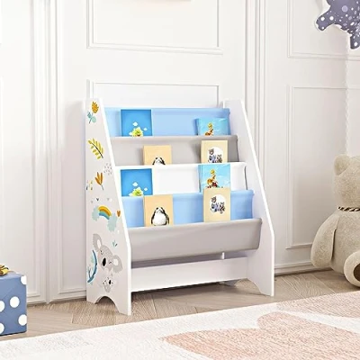 Afbeelding van [en.casa] Kinderrek Fisterra kinderboekenkast vrijstaand met koala motief 74x62x29 cm 4 open vakken wit grijs blauw