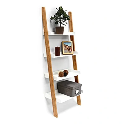 Afbeelding van Relaxdays ladderrek Bamboo, 4 planken, bamboe, hoog, woonkamer, werkkamer, staand rek, HBD: 144 x 56 34 cm, natuur/wit