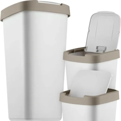 Afbeelding van KADAX afvalemmer 25 liter, met kanteldeksel, voor afvalscheiding, vuilnismand van kunststof, robuuste vuilnisemmer, vuilnisemmer (grijs/lichtbruin)