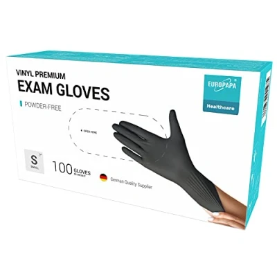 Afbeelding van EUROPAPA® 100x vinyl handschoenen, wegwerphandschoenen, onderzoekshandschoenen, latexvrij, poedervrij, verkrijgbaar in maten S, M, L en XL (zwart Premium, S)