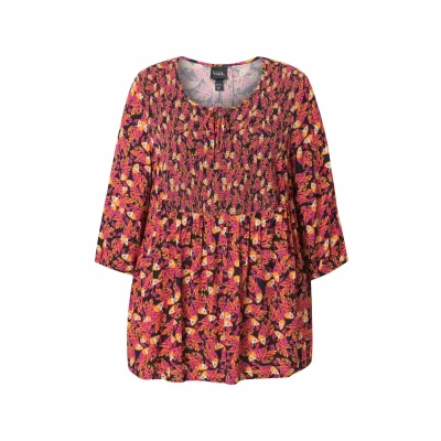 Afbeelding van Ulla Popken Printed Smocked Bodice 3/4 Sleeve Blouse, Dames, Maat: 42/44, Black