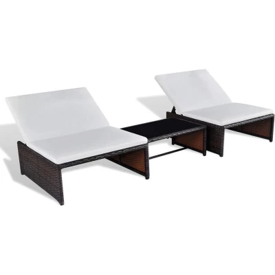 Afbeelding van Ligbedden 2 st met tafel poly rattan bruin
