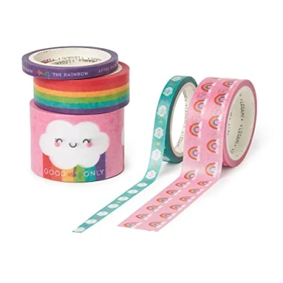 Afbeelding van Legami Set van 5 plakbanden papier, tape by tape, Ø 4,5 cm, H max 3 cm L m, regenboogthema, kleurrijk, om te plakken, decoreren en personaliseren