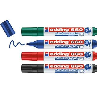Afbeelding van edding 660 whiteboardmarker set zwart, rood, blauw, groen 4 whiteboardstiften ronde punt 1,5 3 mm boardmarker uitwisbaar voor whiteboard, flipchart, prikbord, memobord navulbaar