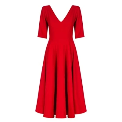 Afbeelding van Swing Fashion Sally Rose Midi jurk voor dames, elegante jurk, feestelijke feestjurk, avondjurk, bruiloftsjurk, baljurk, V hals, 3/4 mouwen, rood, L