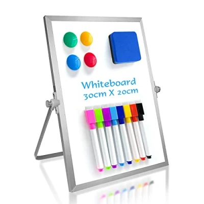 Afbeelding van OWill Droog wissen whiteboard, 30 x 20 cm klein magnetisch desktop whiteboard met standaard, draagbaar dubbelzijdig ezel voor tekenen op school en thuis