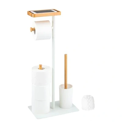 Afbeelding van eluno Staande wc garnituur, 4 in 1, borstel, (vervanging) rolhouder, plank, bamboe/metaal (wit)