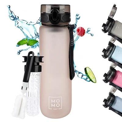 Afbeelding van MOMO WAY Drinkfles BPA vrije Tritan Waterfles Met Fruithouder En Flessenreiniger 1 klik sluiting Sportfles voor School Werk Outdoor Lichtroze 1000ml