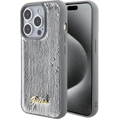 Afbeelding van Guess Sequin Script Metalen hoesje voor iPhone 15 Pro zilver