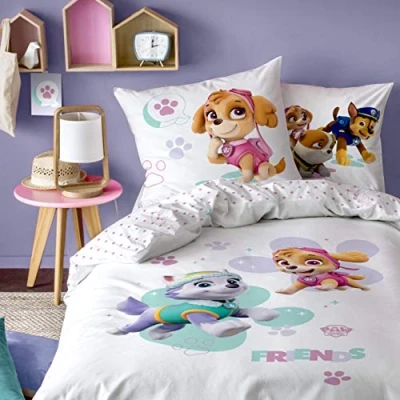 Afbeelding van Paw Patrol beddengoed voor meisjes, Skye &amp; Everest, kinderen, 1 kussensloop 80 x cm + dekbedovertrek 135 200 cm, 100% katoen