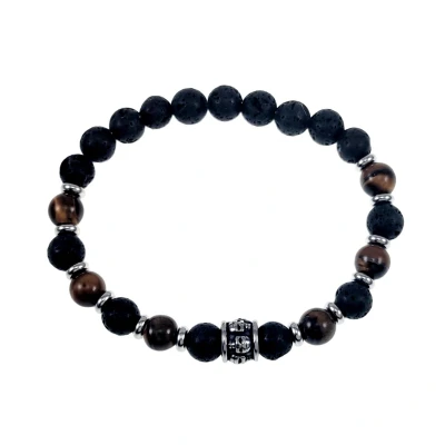 Afbeelding van Elastische Armband Heren RVS Skull Bruin Zwarte Natuursteen Kralen