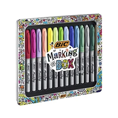 Afbeelding van BIC Marking Box permanente marker met conische punt, middelgrote verschillende kleuren, metalen geschenkdoos 15 stuks