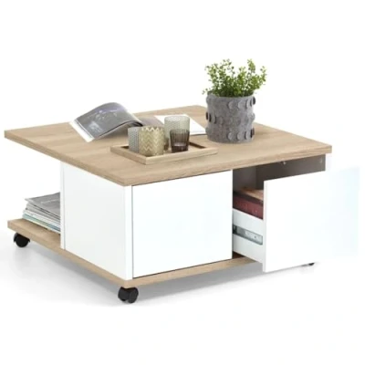 Afbeelding van Salontafel verplaatsbaar 70x70x36 cm eikenkleurig en glanzend wit