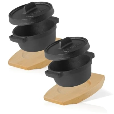 Afbeelding van BBQ Toro Mini Dutch Oven (2 stuks), Ø 11 cm, gietijzeren serveerpot met houten onderzetter, al ingebrand preseasoned, kookpan, kleine braadpan, pan