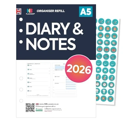 Afbeelding van 2026 A5 formaat organiser Dagboek &amp; notities navulling insert Filofax COMPATIBEL Maandelijks/Wekelijks Engels UK feestdagen (2026 Notes)
