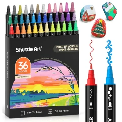 Afbeelding van Shuttle Art Acrylverfstiften met dubbele punt, 36 kleuren, stippen en fijne verfstiften voor rotsschilderen, keramiek, hout, stof, glas, kunstmarkeerstiftenset kinderen volwassenen