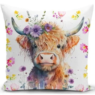 Afbeelding van Kussenhoes, Hooglandse koe, decoraties, cadeau voor vrouwen, kussensloop, dier, buiten, bloem decoratie, thuis, woonkamer, bank, 40 x cm
